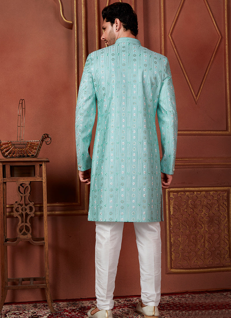 Raivat Ethnic Mens Art Silk Thread Work Indo Western In Green Colour | Grocsy