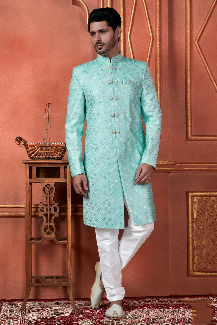 Raivat Ethnic Mens Art Silk Thread Work Indo Western In Green Colour | Grocsy