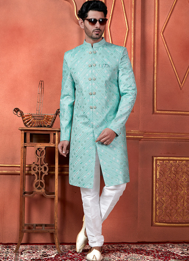 Raivat Ethnic Mens Art Silk Thread Work Indo Western In Green Colour | Grocsy