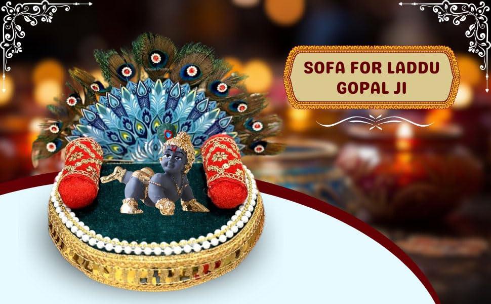 Unique Palette Wood Sofa for Laddu Gopal Ji|Round Singhasan Kanha Ji with Extra 2 Pillows | Grocsy