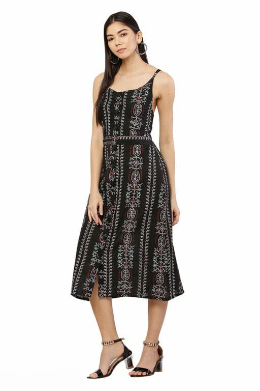 PAVONINE Black Color Printed Shoulder Strap Dress For Women | Grocsy