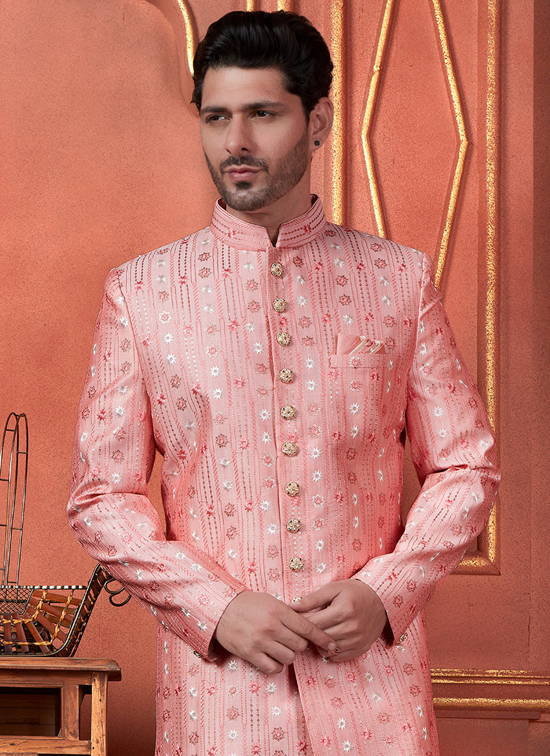 Raivat Ethnic Mens Art Silk Thread Work Indo Western In Pink Colour | Grocsy