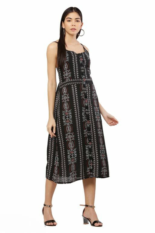 PAVONINE Black Color Printed Shoulder Strap Dress For Women | Grocsy