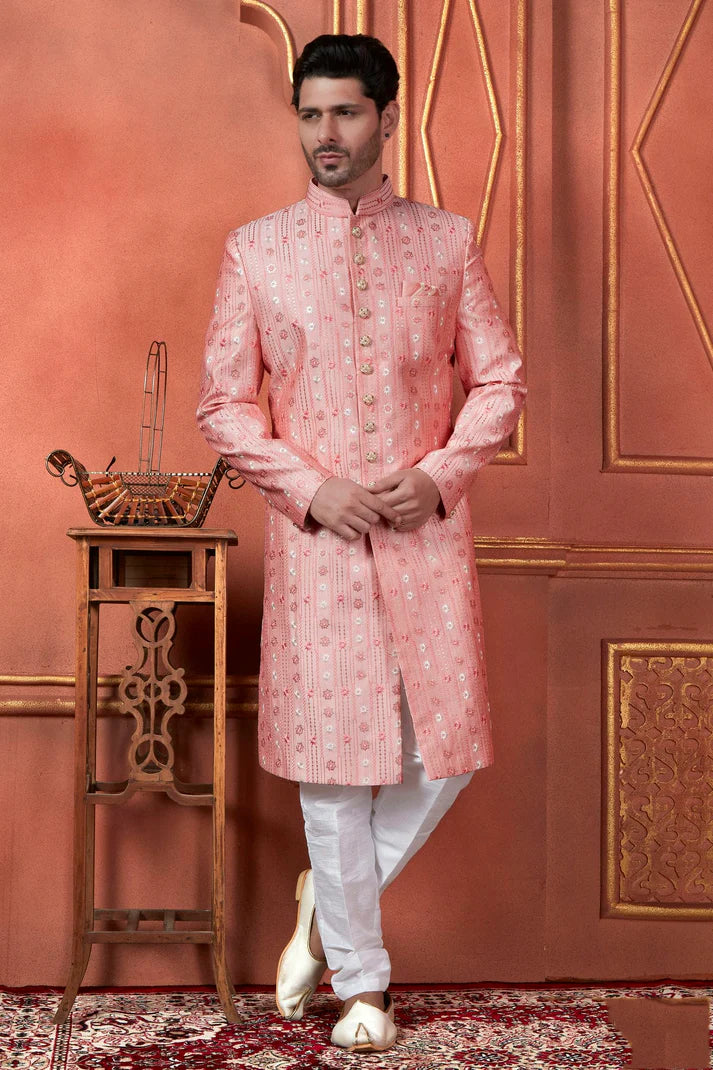 Raivat Ethnic Mens Art Silk Thread Work Indo Western In Pink Colour | Grocsy