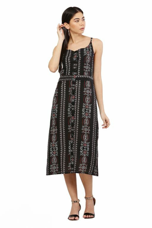 PAVONINE Black Color Printed Shoulder Strap Dress For Women | Grocsy