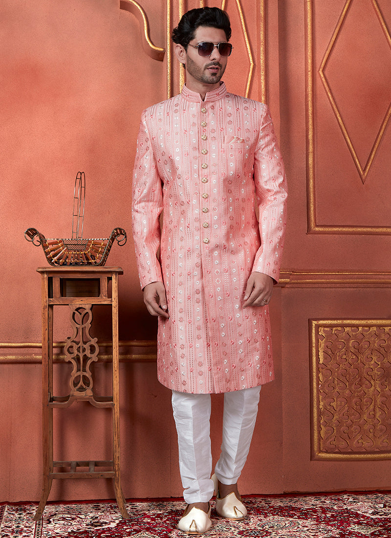 Raivat Ethnic Mens Art Silk Thread Work Indo Western In Pink Colour | Grocsy