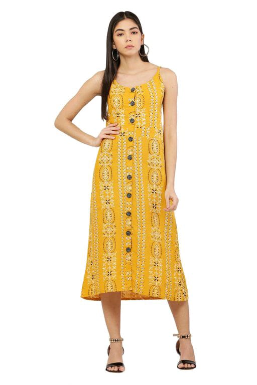 PAVONINE Mustard Color Printed Shoulder Strap Dress For Women | Grocsy