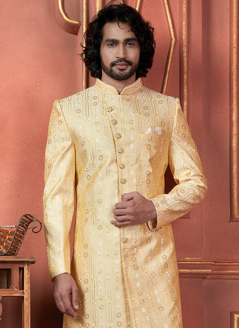 Raivat Ethnic Mens Art Silk Thread Work Indo Western In Yellow Colour | Grocsy