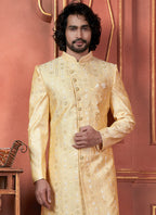 Raivat Ethnic Mens Art Silk Thread Work Indo Western In Yellow Colour | Grocsy