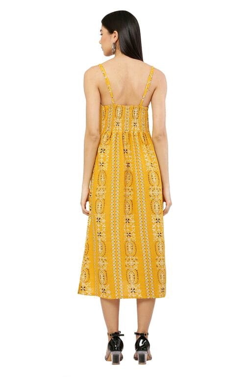 PAVONINE Mustard Color Printed Shoulder Strap Dress For Women | Grocsy