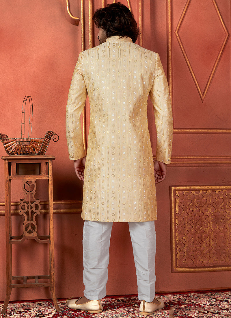 Raivat Ethnic Mens Art Silk Thread Work Indo Western In Yellow Colour | Grocsy