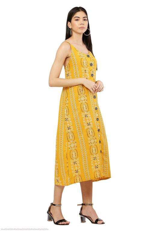 PAVONINE Mustard Color Printed Shoulder Strap Dress For Women | Grocsy