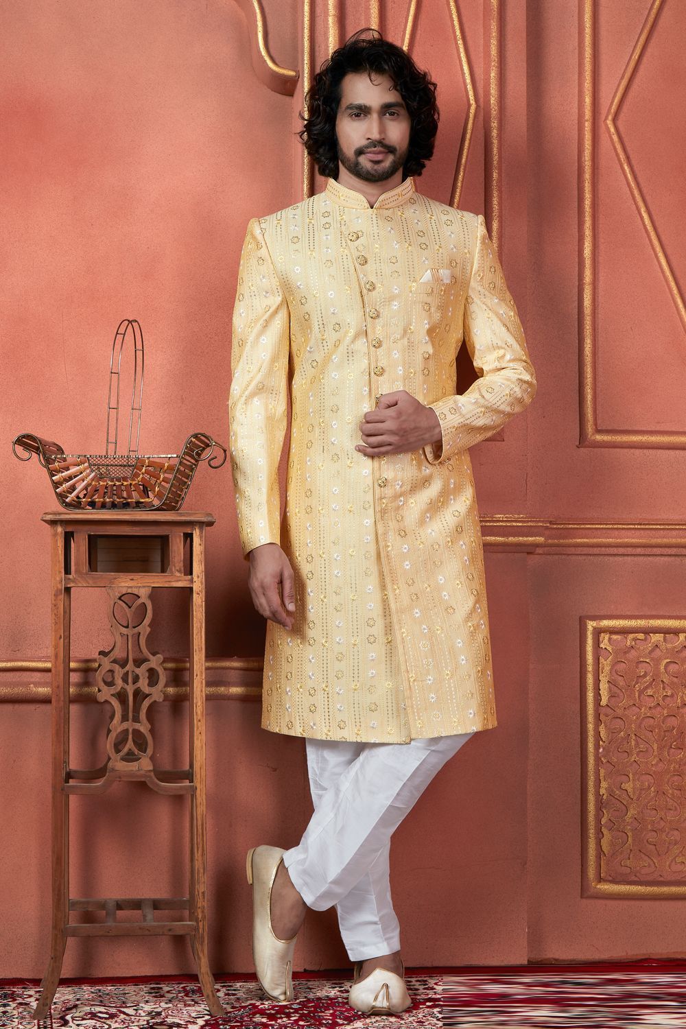 Raivat Ethnic Mens Art Silk Thread Work Indo Western In Yellow Colour | Grocsy