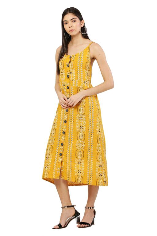 PAVONINE Mustard Color Printed Shoulder Strap Dress For Women | Grocsy