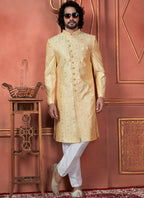 Raivat Ethnic Mens Art Silk Thread Work Indo Western In Yellow Colour | Grocsy