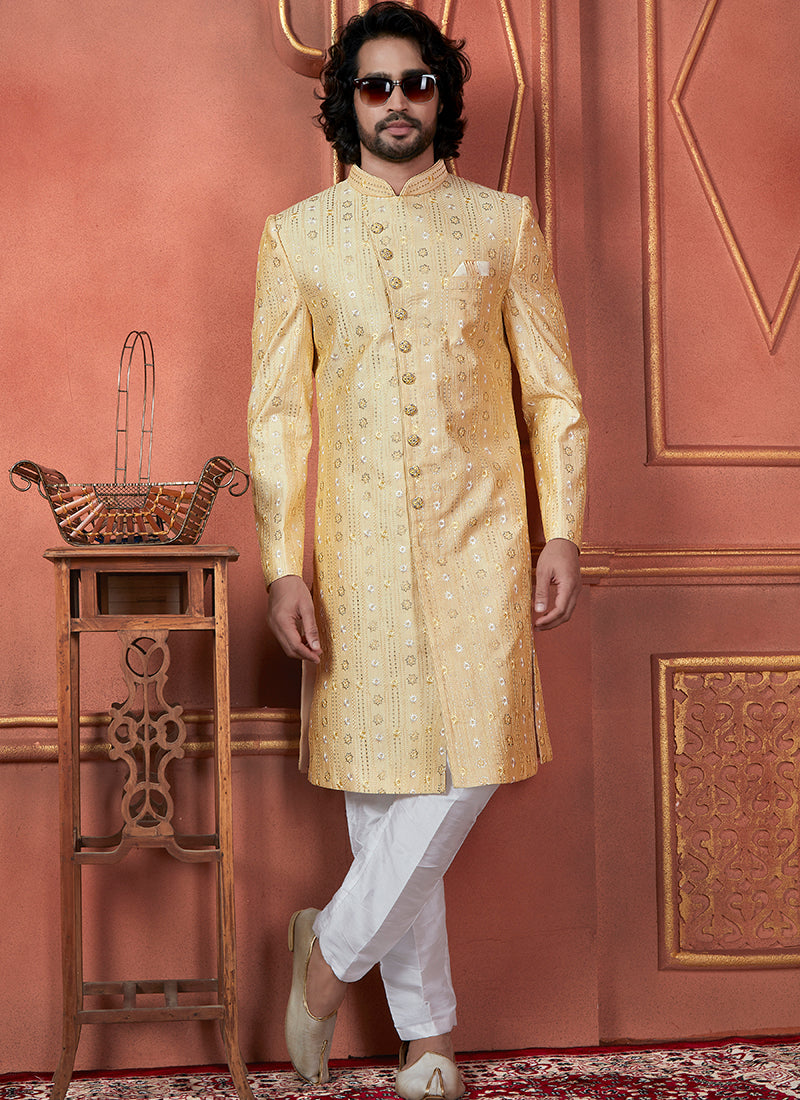 Raivat Ethnic Mens Art Silk Thread Work Indo Western In Yellow Colour | Grocsy