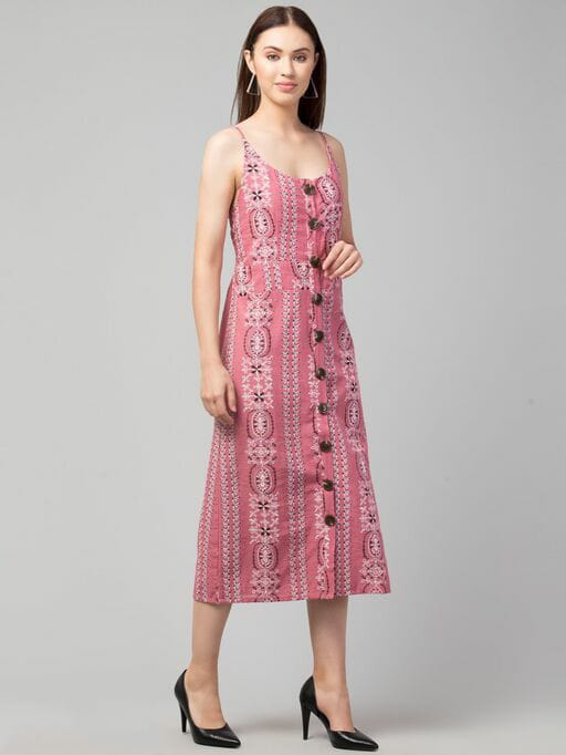 PAVONINE Peach Color Printed Shoulder Strap Dress For Women | Grocsy