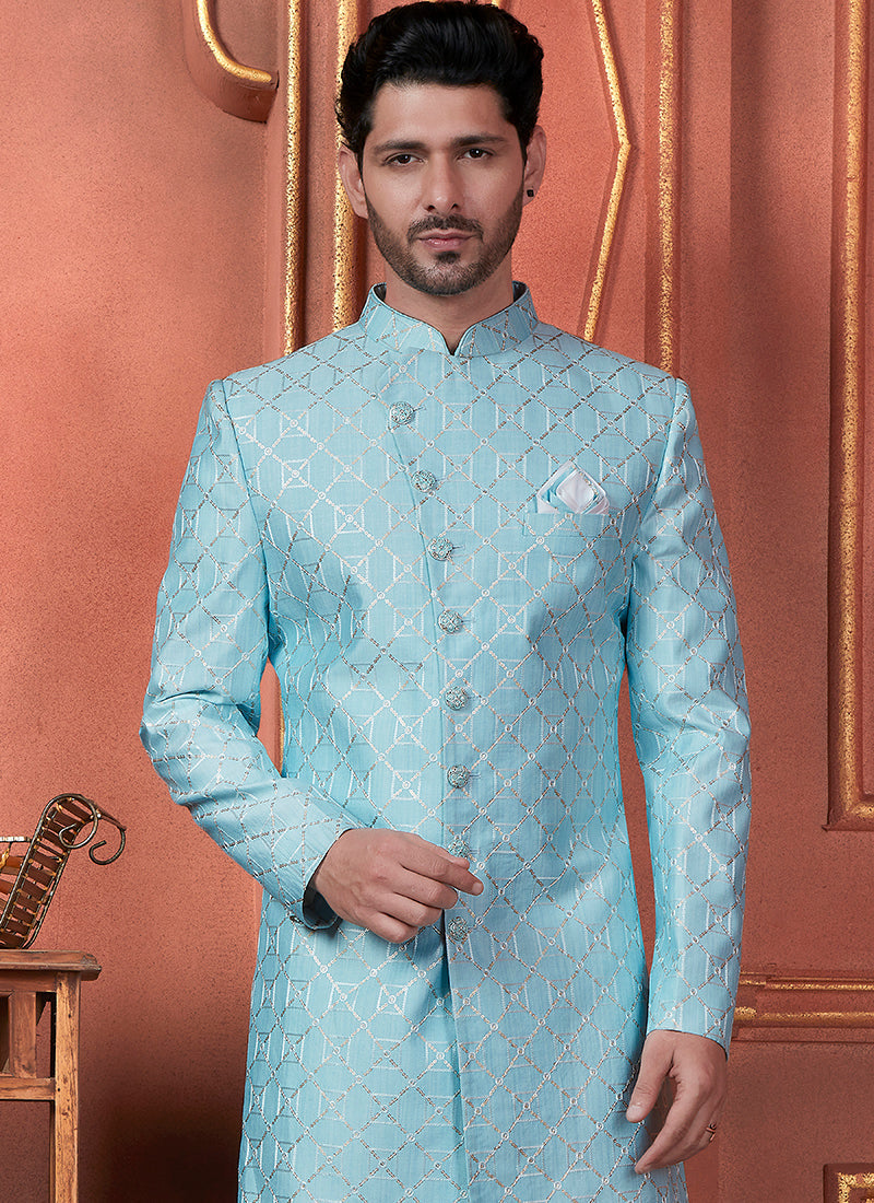 Raivat Ethnic Mens Art Silk Thread Work Indo Western In Blue Colour | Grocsy