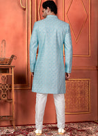 Raivat Ethnic Mens Art Silk Thread Work Indo Western In Blue Colour | Grocsy