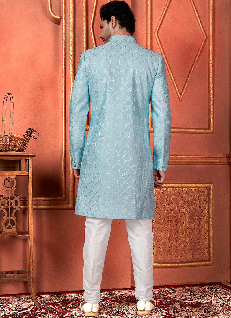 Raivat Ethnic Mens Art Silk Thread Work Indo Western In Blue Colour | Grocsy