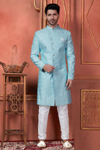 Raivat Ethnic Mens Art Silk Thread Work Indo Western In Blue Colour | Grocsy
