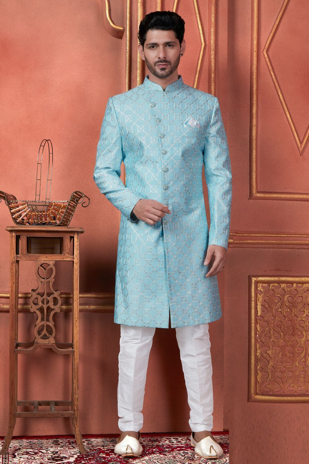 Raivat Ethnic Mens Art Silk Thread Work Indo Western In Blue Colour | Grocsy
