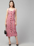 PAVONINE Peach Color Printed Shoulder Strap Dress For Women | Grocsy