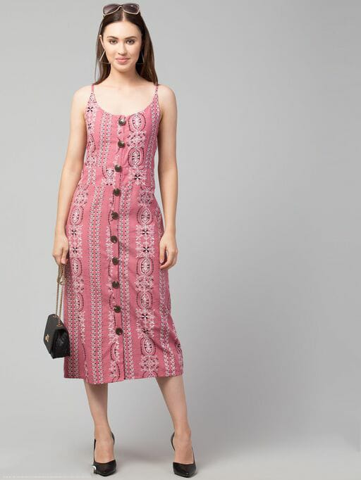 PAVONINE Peach Color Printed Shoulder Strap Dress For Women | Grocsy