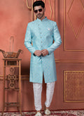 Raivat Ethnic Mens Art Silk Thread Work Indo Western In Blue Colour | Grocsy