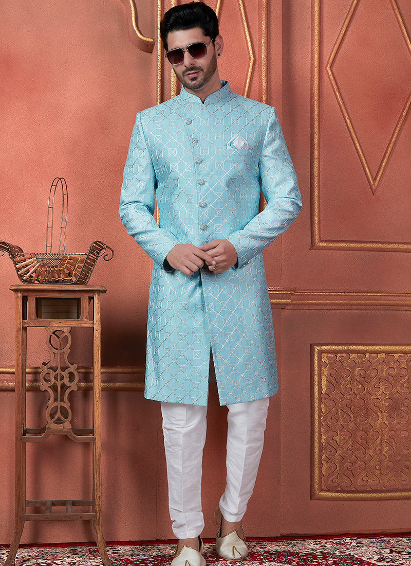 Raivat Ethnic Mens Art Silk Thread Work Indo Western In Blue Colour | Grocsy