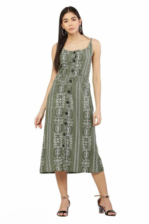 PAVONINE Pista Color Printed Shoulder Strap Dress For Women | Grocsy