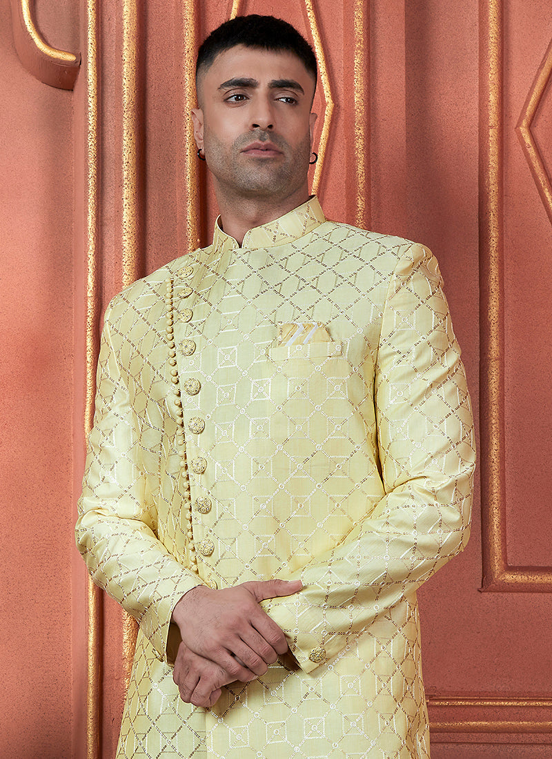 Raivat Ethnic Mens Art Silk Thread Work Indo Western In Yellow Colour | Grocsy