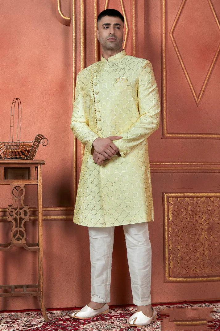 Raivat Ethnic Mens Art Silk Thread Work Indo Western In Yellow Colour | Grocsy
