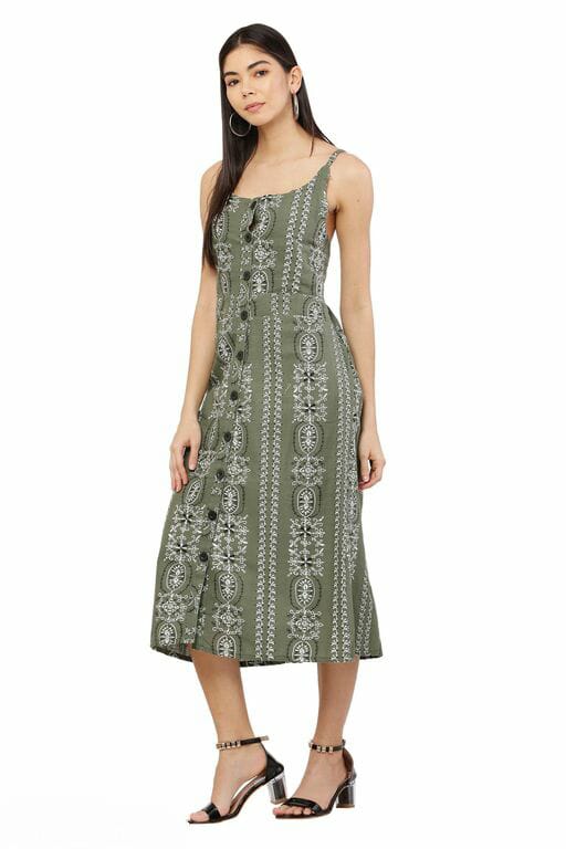 PAVONINE Pista Color Printed Shoulder Strap Dress For Women | Grocsy
