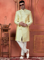 Raivat Ethnic Mens Art Silk Thread Work Indo Western In Yellow Colour | Grocsy