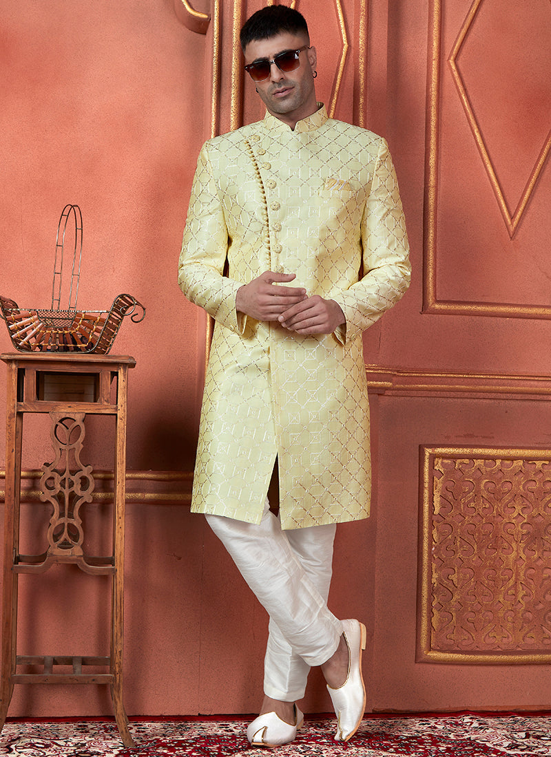 Raivat Ethnic Mens Art Silk Thread Work Indo Western In Yellow Colour | Grocsy