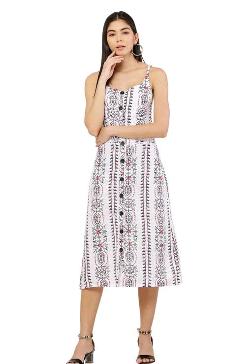 PAVONINE White Color Printed Shoulder Strap Dress For Women | Grocsy