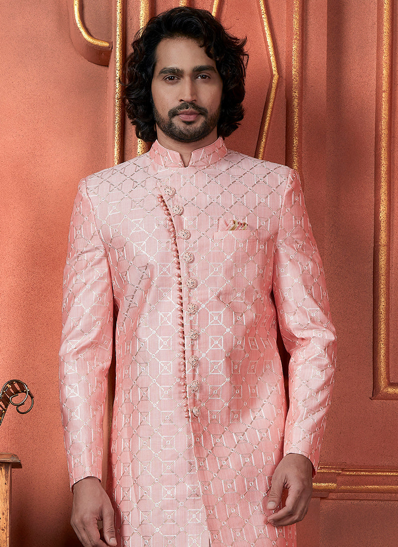 Raivat Ethnic Mens Art Silk Thread Work Indo Western In Pink Colour | Grocsy