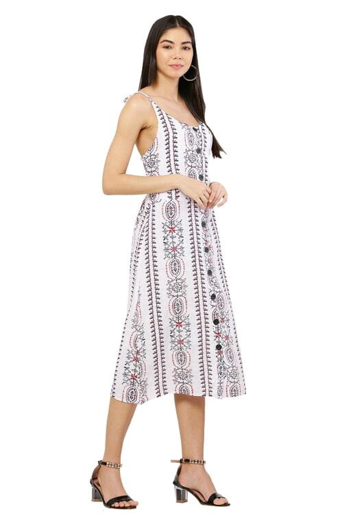 PAVONINE White Color Printed Shoulder Strap Dress For Women | Grocsy