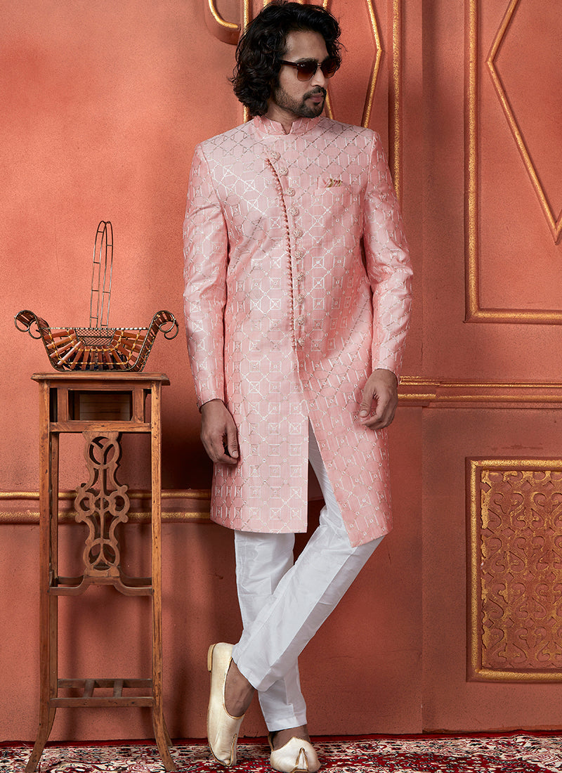 Raivat Ethnic Mens Art Silk Thread Work Indo Western In Pink Colour | Grocsy