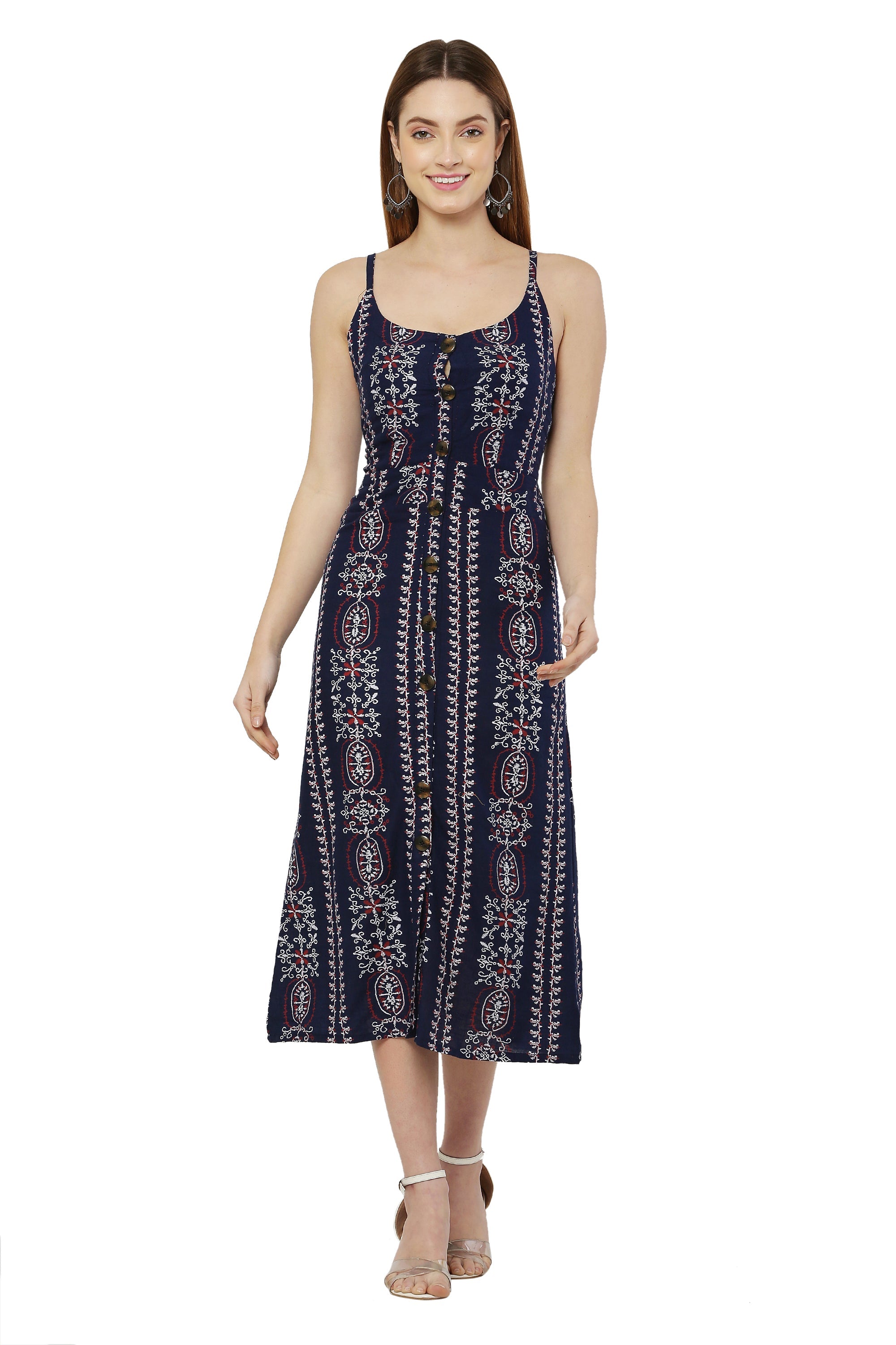 PAVONINE Navy Blue Color Printed Shoulder Strap Dress For Women | Grocsy
