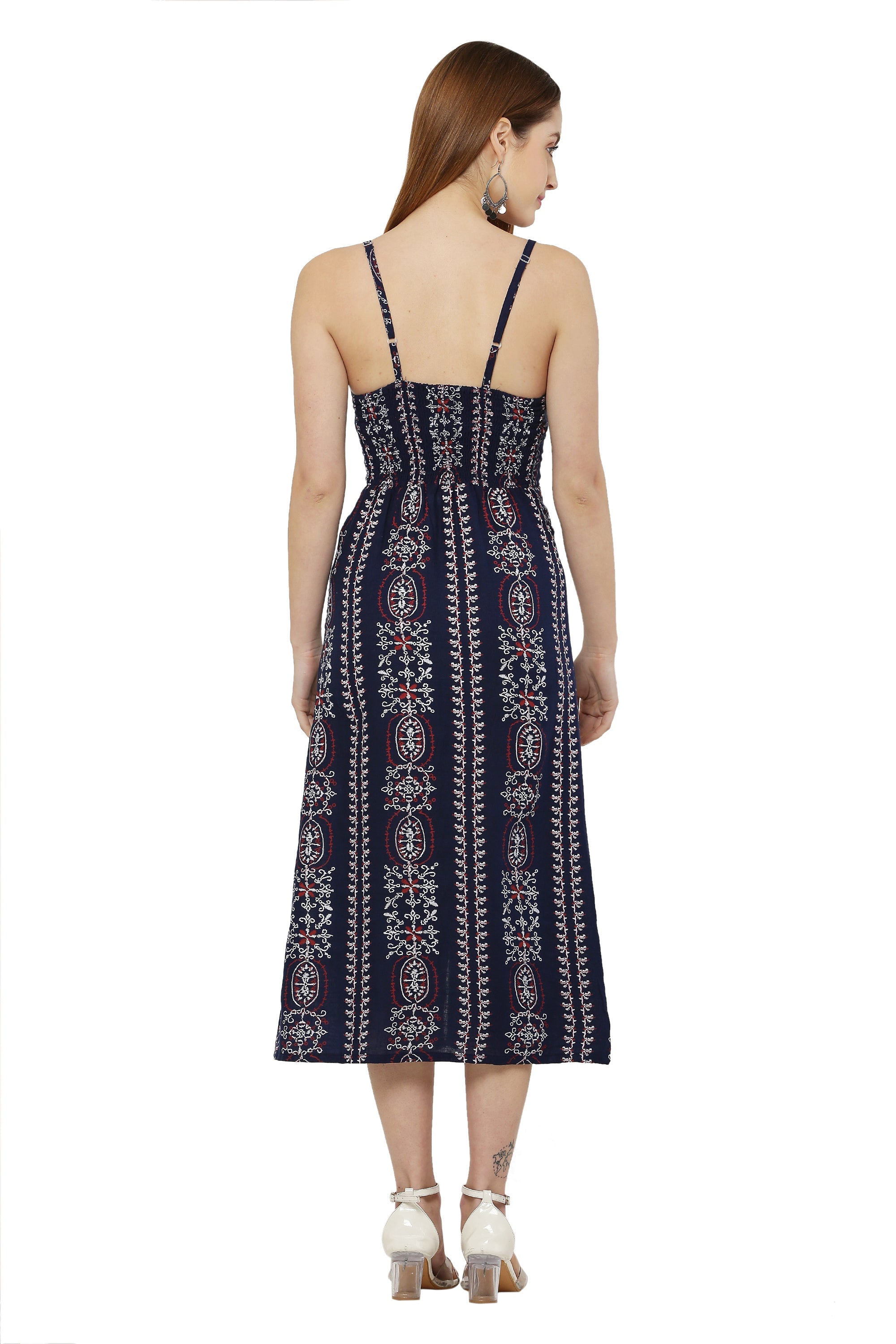 PAVONINE Navy Blue Color Printed Shoulder Strap Dress For Women | Grocsy