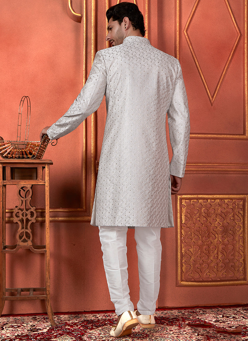 Raivat Ethnic Mens Art Silk Thread Work Indo Western In Grey Colour | Grocsy