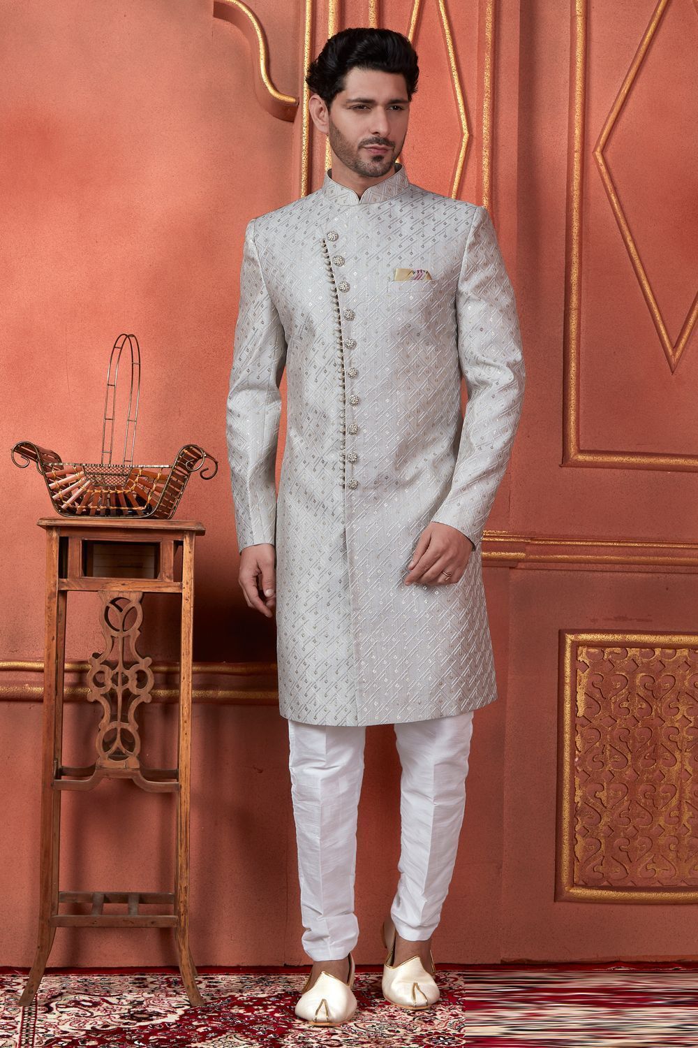 Raivat Ethnic Mens Art Silk Thread Work Indo Western In Grey Colour | Grocsy