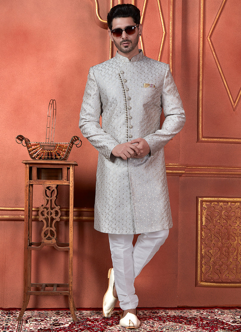 Raivat Ethnic Mens Art Silk Thread Work Indo Western In Grey Colour | Grocsy