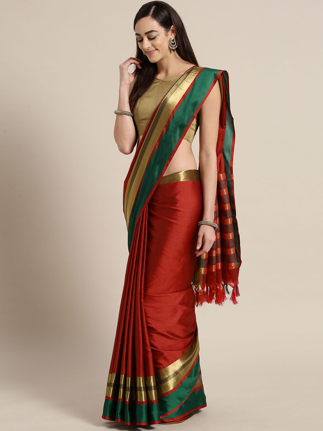 Saree Mall Red & Green Solid Saree | Grocsy