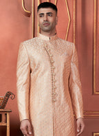 Raivat Ethnic Mens Art Silk Thread Work Indo Western In Peach Colour | Grocsy