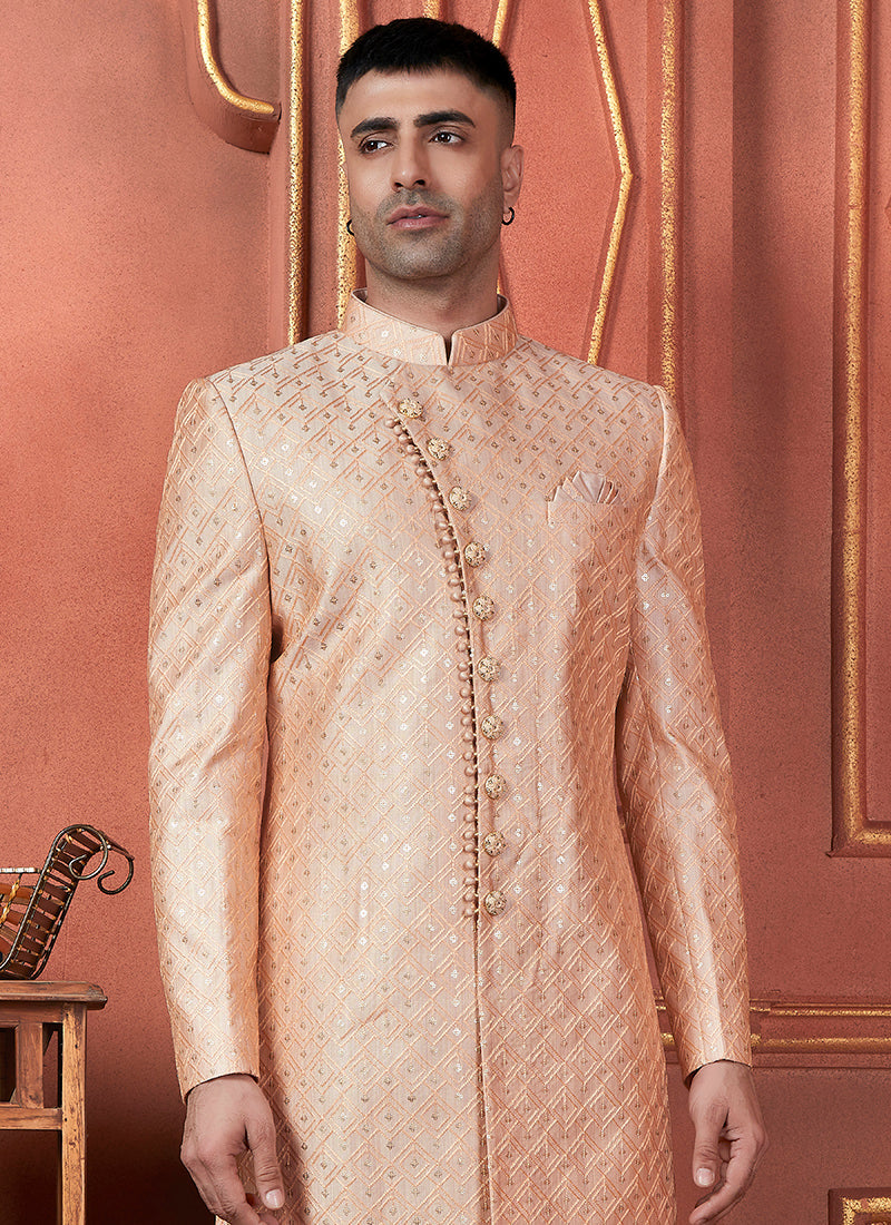 Raivat Ethnic Mens Art Silk Thread Work Indo Western In Peach Colour | Grocsy
