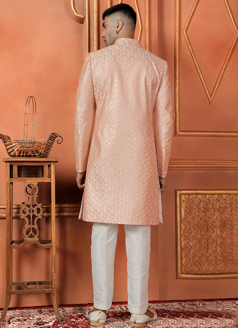 Raivat Ethnic Mens Art Silk Thread Work Indo Western In Peach Colour | Grocsy