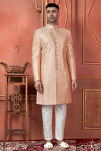 Raivat Ethnic Mens Art Silk Thread Work Indo Western In Peach Colour | Grocsy